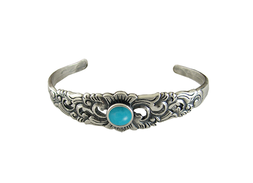 Sterling Silver Detailed Cuff Bracelet With Turquoise